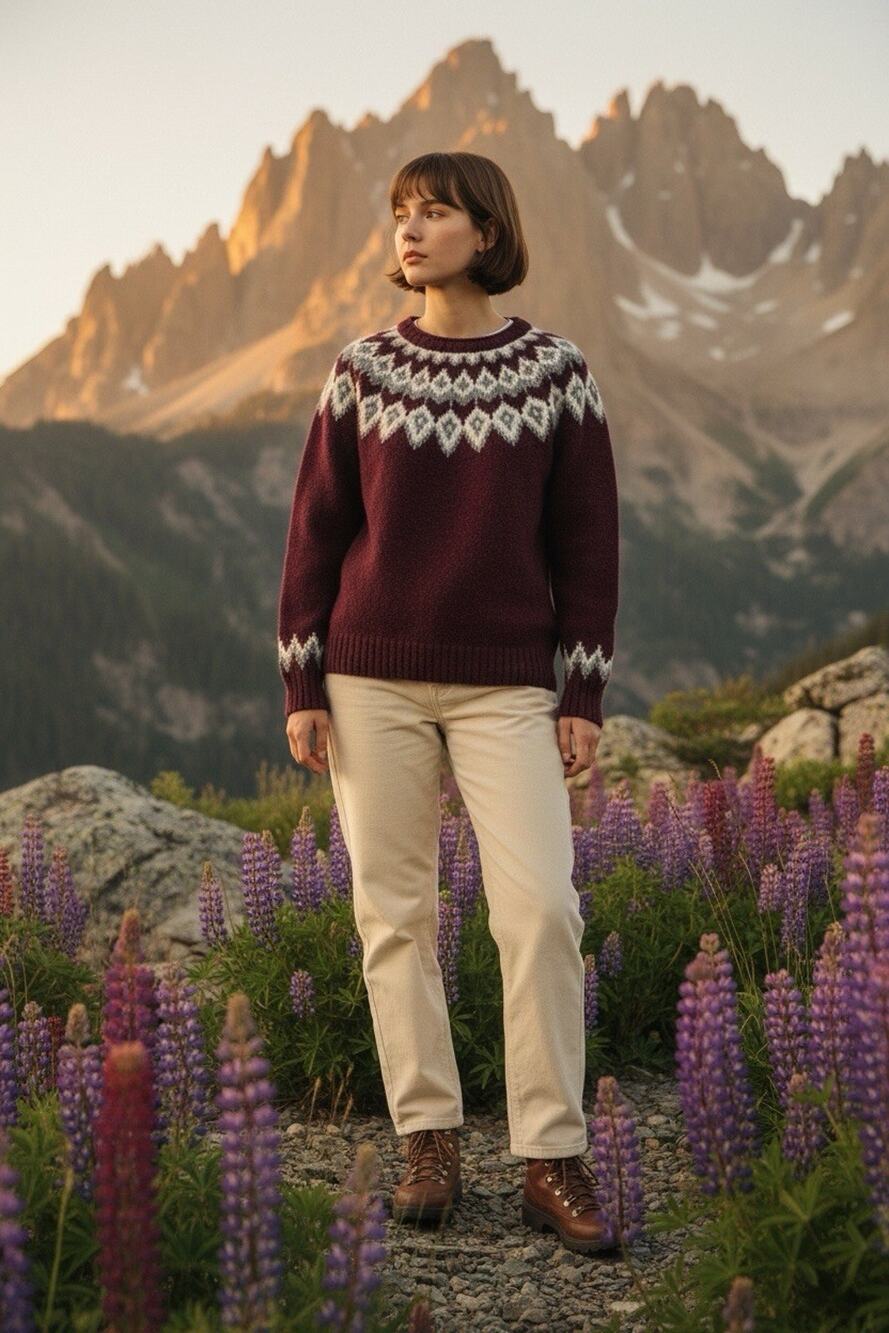 VTG LL Bean's Women's L Burgandy White Lambswool Ragg Fair Isle Crewneck Sweater